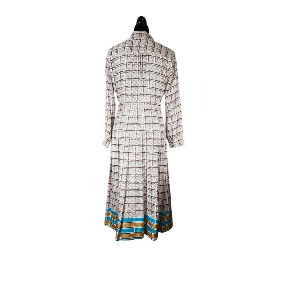 J. Crew Collection Silk Shirt Dress Cream Brown Blue Plaid Midi Old Money Preppy
